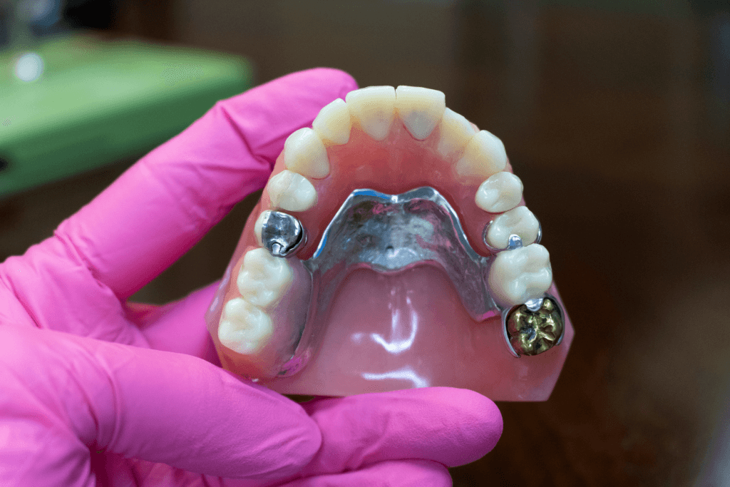 Dental Partial tooth replacement option showing multiple restorations and a metal framed dental partial being held by a dental professional in pink glove.